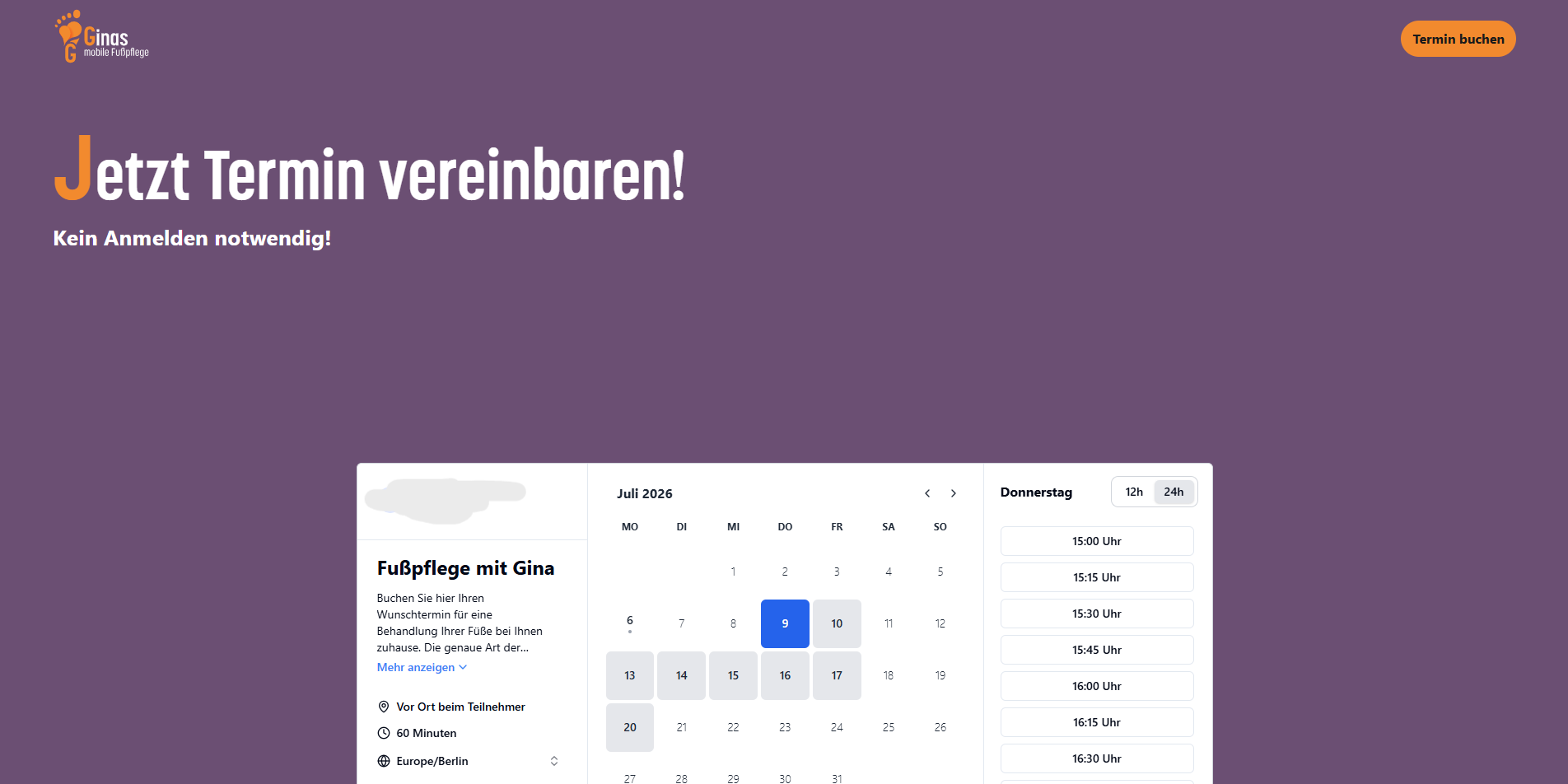 Screenshot of the new Ginas mobile Fußpflege appointment-page